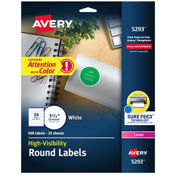 Avery Laser High Visibility Round Labels, 1-2/3&quot;, White, 600 Labels