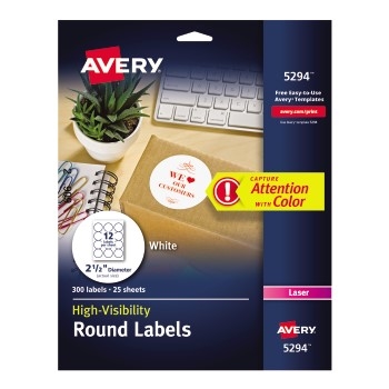 Avery High-Visibility Labels, 2 1/2&quot; Diameter, 300/PK
