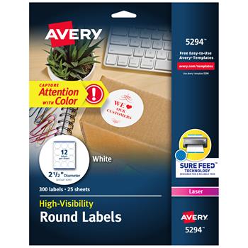 Avery Laser, High Visibility Round Labels, 2.5&quot;, White, 300 Labels