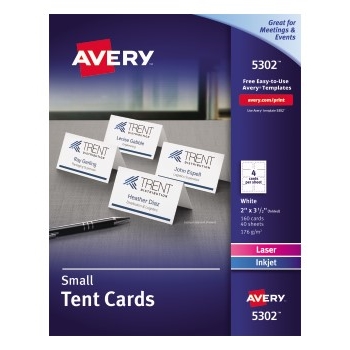 Avery Laser/Inkjet Small Tent Cards with Two-Sided Printing, Uncoated, 2&quot; x 3.5&quot;, White, 4 Cards/Sheet, 40 Sheets/Box