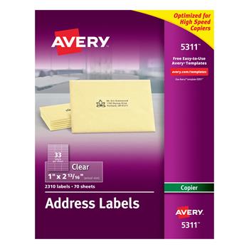 Avery Copier Address Labels, 1&quot; x 2.81&quot;, Clear, 2310 Labels