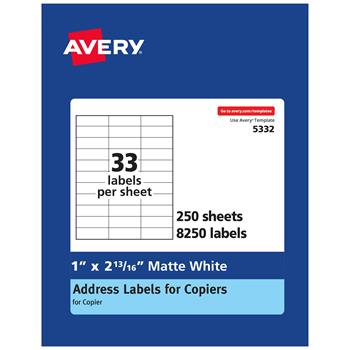 Avery Copier Address Labels, 1&quot; x 2.81&quot;, White, 8250 Labels