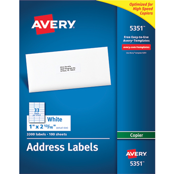 Avery Address Labels for Copiers, Permanent Adhesive, 1&quot; x 2 13/16&quot;, 3,300/BX