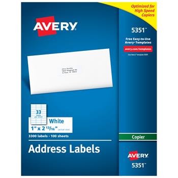 Avery Copier Address Labels, 1&quot; x 2.81&quot;, White, 3300 Labels