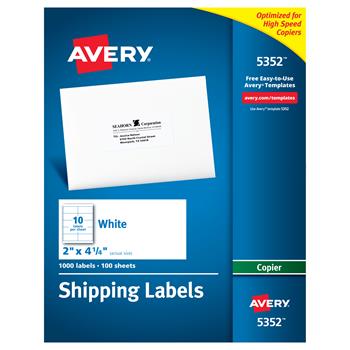 Avery Copier Shipping Labels, 2&quot; x 4-1/4&quot;, White, 1,000/Box