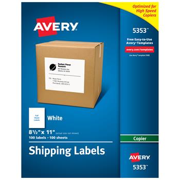 Avery Copier Shipping Labels, 8-1/2&quot; x 11&quot;, White, 100/Box