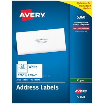 Avery Copier Address Labels, 1&quot; x 2.81&quot;, White, 2100 Labels