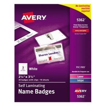 Avery Self-Laminating Name Badges, 2 1/4&quot; x 3 1/2&quot;, 30/BX