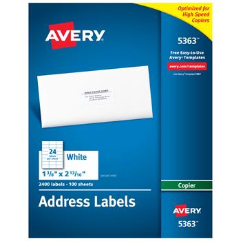 Avery Copier Address Labels, 1.38&quot; x 2.81&quot;, White, 2400 Labels