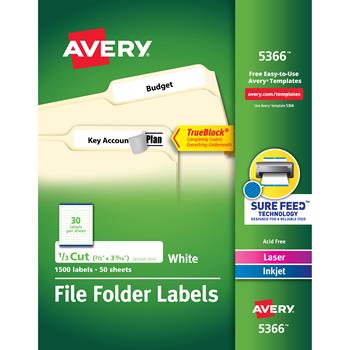 Avery TrueBlock File Folder Labels, Printable Labels, 2/3 in x 3-7/16 in, White, 1,500/Pack