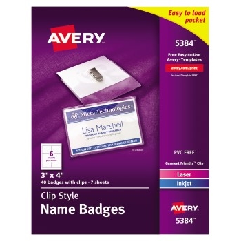 Avery Top-Loading Garment-Friendly Clip-Style Name Badges, 3&quot; x 4&quot;,  40/BX