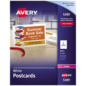 Avery Postcards, Uncoated, Two-Sided Printing, 4&quot; x 6&quot;, 100/BX