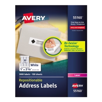 Avery&#174; Repositionable Address Labels, Repositionable Adhesive, 1&quot; x 2 5/8&quot;, 3000/BX