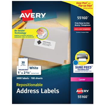 Avery Laser Repositionable Address Labels, 1&quot; x 2.63&quot;, White, 3000 Labels