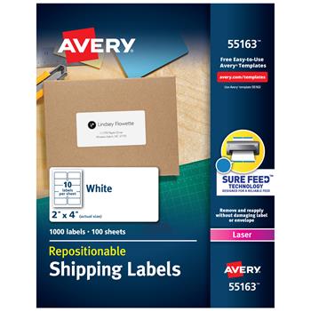 Avery Repositionable Laser Shipping Labels, 2&quot; x 4&quot;, White, 1000/Box