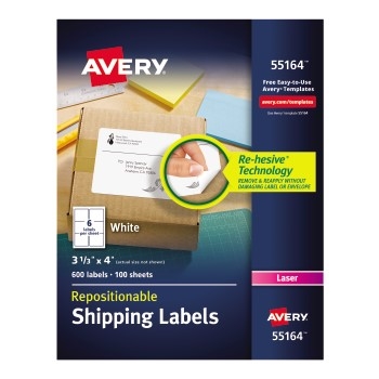 Avery Repositionable Shipping Labels, Repositionable Adhesive, 3 1/3&quot; x 4&quot;, 600/BX