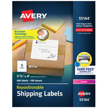 Avery Repositionable Laser Shipping Labels, 3-1/3&quot; x 4&quot;, White, 600/Box