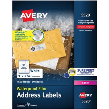 Avery Waterproof Labels, Permanent Adhesive, 1&quot; x 2-5/8&quot;,  1,500/PK