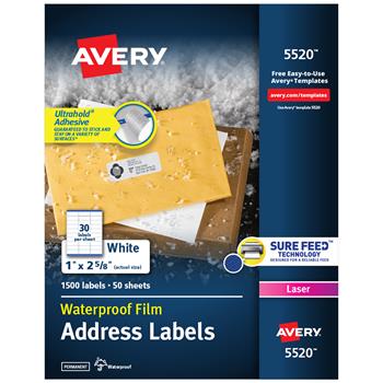 Avery Laser Waterproof Address Labels with Ultrahold Permanent Adhesive, 1&quot; x 2.63&quot;, White, 1500 Labels