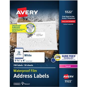 Avery Waterproof Labels, Permanent Adhesive, 1-1/3 in x 4 in, White, 700/Pack