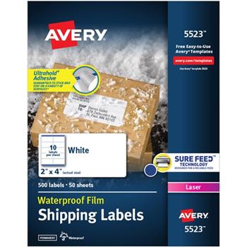 Avery Waterproof Labels, Permanent Adhesive,  2&quot; x 4&quot; , 500 Labels/PK