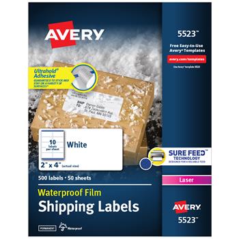 Avery Waterproof Laser Shipping Labels, 2&quot; x 4&quot;, White, 500/Box