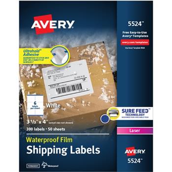Avery Waterproof Labels, Permanent Adhesive, 3.33&quot;  x 4&quot;,  White, 300 Labels/PK
