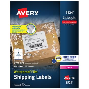 Avery Waterproof Laser Shipping Labels, 3-1/3&quot; x 4&quot;, White, 300/Box