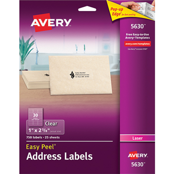 Avery Easy Peel&#174; Address Labels, Permanent Adhesive, Clear, 1&quot; x 2 5/8&quot;, 750/BX