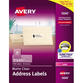 Avery Easy Peel&#174; Address Labels, Permanent Adhesive, Clear, 1&quot; x 2 5/8&quot;, 1500/BX