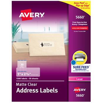 Avery Laser Address Labels, Matte, 1&quot; x 2.63&quot;, White, 1500 Labels