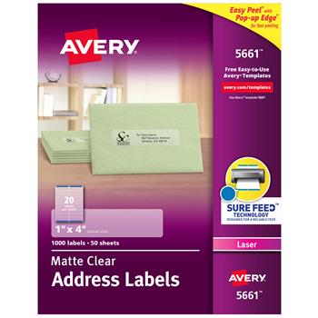 Avery Laser Address Labels, Matte, 1&quot; x 4&quot;, Clear, 1000 Labels