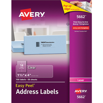 Avery Easy Peel&#174; Address Labels, Permanent Adhesive, Clear, 1 1/3&quot; x 4&quot;, 700/BX