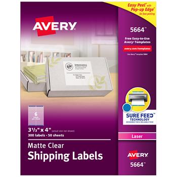 Avery Laser Shipping Labels, 3-1/3&quot; x 4&quot;, Matte Clear, 300/Box