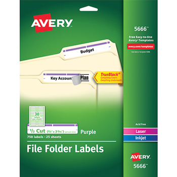 Avery File Folder Labels, TrueBlock&#174; Technology, Permanent Adhesive, Purple, 2/3&quot; x 3 7/16&quot;, 750/PK