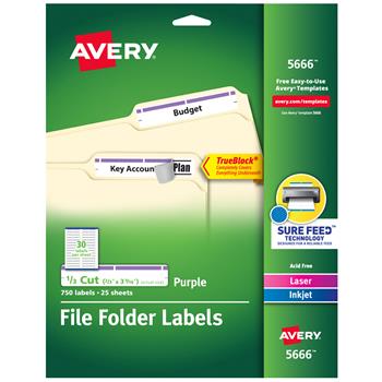 Avery TrueBlock File Folder Labels, Printable Labels, 2/3 in x 3-7/16 in, White and Purple, 750/Pack