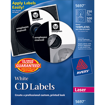 Avery CD Labels, Print to the Edge, Permanent Adhesive, 250 Disc Labels and 500 Spine Labels/PK