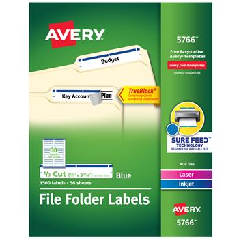 Avery TrueBlock File Folder Labels, Printable Labels, 2/3 in x 3-7/16 in, White and Blue, 1,500/Pack
