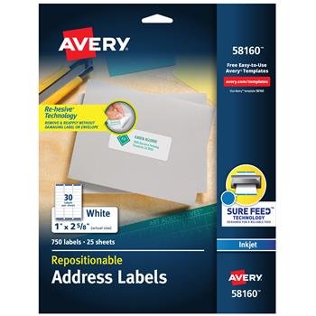 Avery Inkjet Repositionable Address Labels, Repositionable Adhesive, 1&quot; x 2.63&quot;, White, 750 Labels