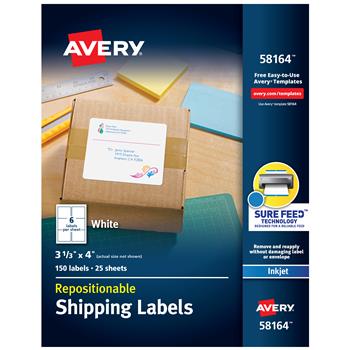 Avery Repositionable Inkjet Shipping Labels, 3-1/3&quot; x 4&quot;, White, 150/Pack