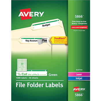 Avery&#174; File Folder Labels, TrueBlock&#174; Technology, Permanent Adhesive, Green, 2/3&quot; x 3 7/16&quot;, 1500/BX
