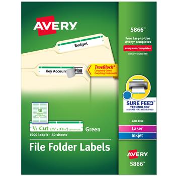 Avery TrueBlock File Folder Labels, Sure Feed Technology, Permanent Adhesive, 2/3 in x 3-7/16 in, Green, 1,500/Pack