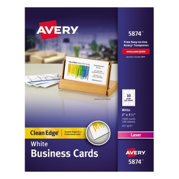 Avery Clean Edge Printable Business Cards For Laser Printers, Uncoated, 2&quot; x 3.5&quot;, Matte White, 10 Cards/Sheet, 100 Sheets/Box