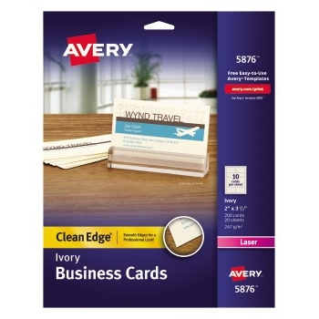 Avery Laser Clean Edge Business Cards with Two-Sided Printing, 2&quot; x 3.5&quot;, Ivory, 10 Cards/Sheet, 20 Sheets/Pack