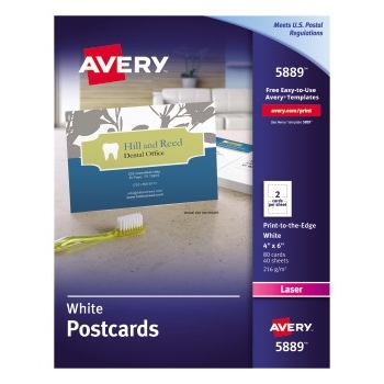 Avery Lazer Postcards with Two-Sided Printing, Uncoated, 4&quot; x 6&quot;, White, 2 Cards/Sheet, 40 Sheets/Box
