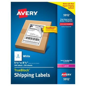Avery TruBlock Laser Shipping Labels, 5-1/2&quot; x 8-1/2&quot;, White, 500/Box