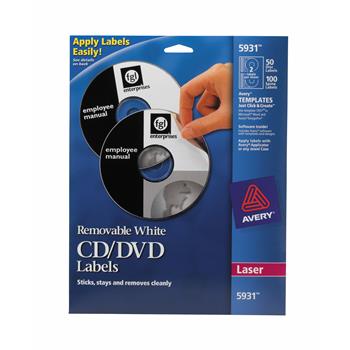 Avery Removable CD Labels, White, Removable Adhesive, 50 Disc Labels and 100 Spine Labels/Pack