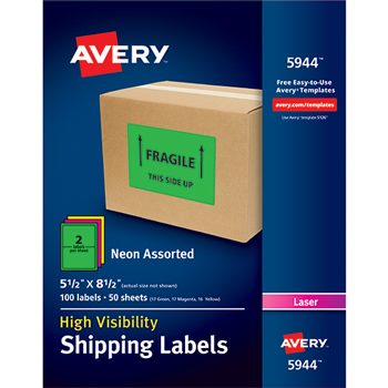 Avery High-Visibility Shipping Labels, Permanent Adhesive, Assorted Neon Colors, 5 1/2&quot; x 8 1/2&quot;, 100/BX