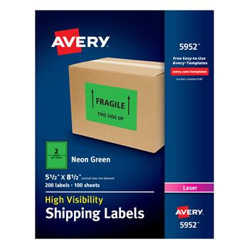 Avery Laser Shipping Labels, 5.5&quot; x 8.5&quot;, Neon Green, 200 Labels