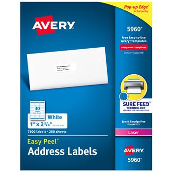 Avery Laser Easy Peel Address Labels, 1&quot; x 2.63&quot;, White, 7500 Labels